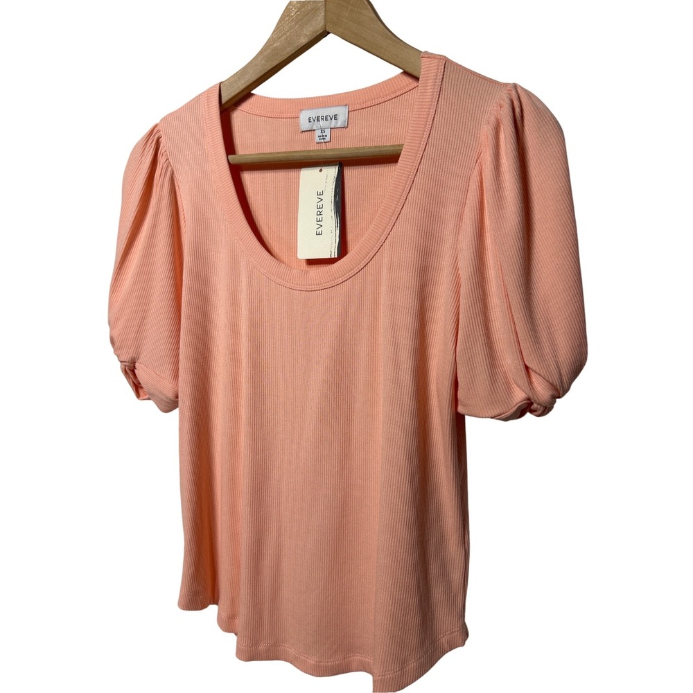 Evereve Stevie Twist Sleeve Ribbed Scoop Neck Top Peach Coral Size XS NWT